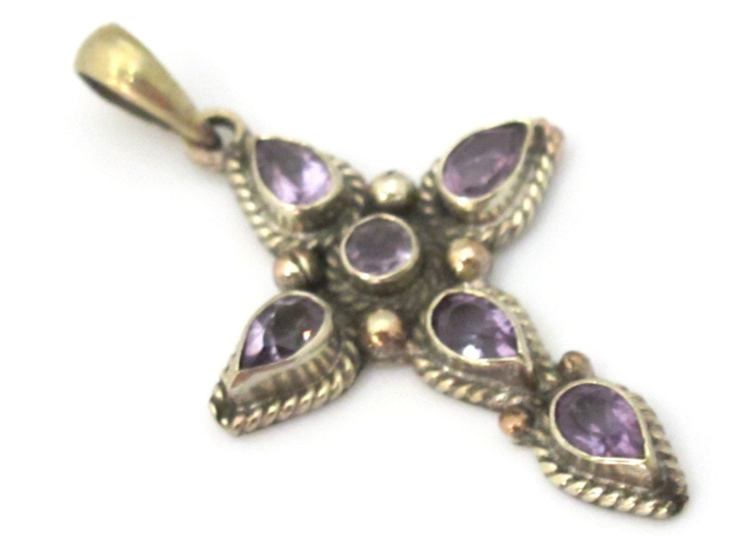 1 Pendant - Tibetan silver faceted amethyst gemstone cross pendant from Nepal - PM446C