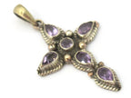 1 Pendant - Tibetan silver faceted amethyst gemstone cross pendant from Nepal - PM446C
