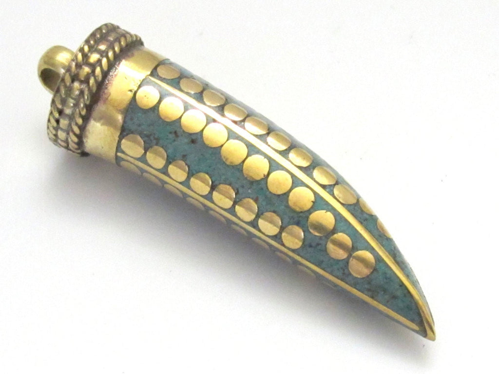 1 Pendant - Long turquoise inlaid Tibetan horn shape Brass pendant with dotted brass inlays from Nepal - PM255A