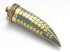 1 Pendant - Long turquoise inlaid Tibetan horn shape Brass pendant with dotted brass inlays from Nepal - PM255A