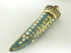 1 Pendant - Long turquoise inlaid Tibetan horn shape Brass pendant with dotted brass inlays from Nepal - PM255A