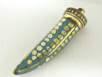 1 Pendant - Long turquoise inlaid Tibetan horn shape Brass pendant with dotted brass inlays from Nepal - PM255A