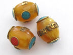 1 Bead - Tibetan copal resin Om mantra bead with brass , turquoise and coral inlay - BD375