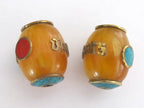 1 Bead - Tibetan copal resin Om mantra bead with brass , turquoise and coral inlay - BD375