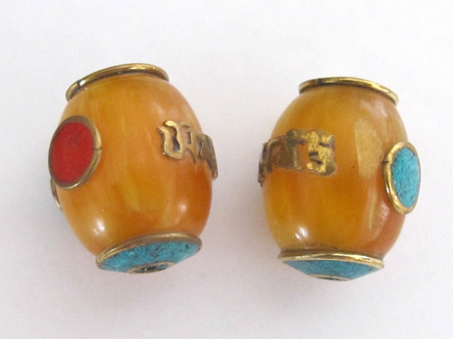 1 Bead - Tibetan copal resin Om mantra bead with brass , turquoise and coral inlay - BD375
