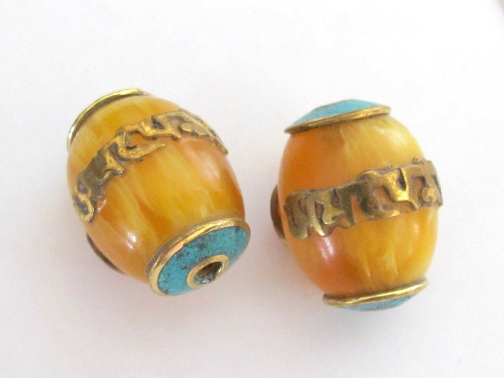 1 Bead - Tibetan copal resin Om mantra bead with brass , turquoise and coral inlay - BD375