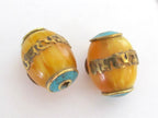 1 Bead - Tibetan copal resin Om mantra bead with brass , turquoise and coral inlay - BD375