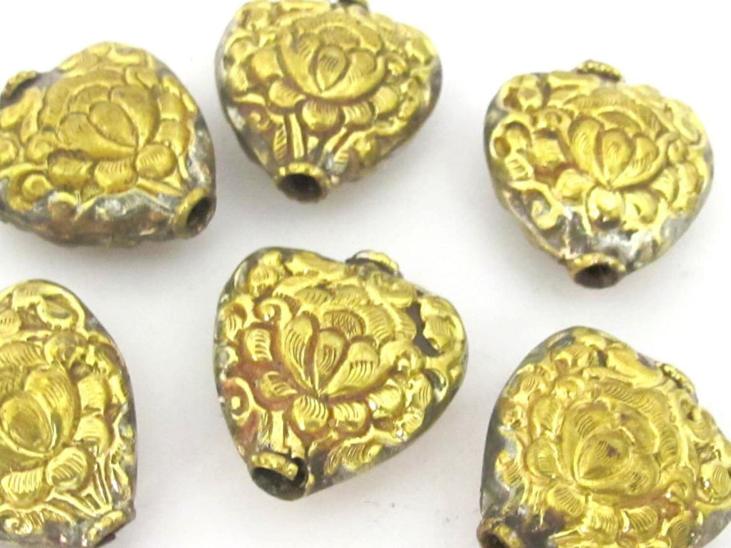 1 Bead - Tibetan Lotus flower repousse heart shape brass bead antiqued gold color - BD853