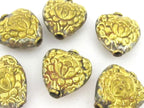 1 Bead - Tibetan Lotus flower repousse heart shape brass bead antiqued gold color - BD853