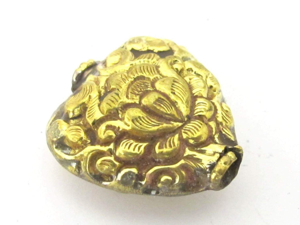 1 Bead - Tibetan Lotus flower repousse heart shape brass bead antiqued gold color - BD853