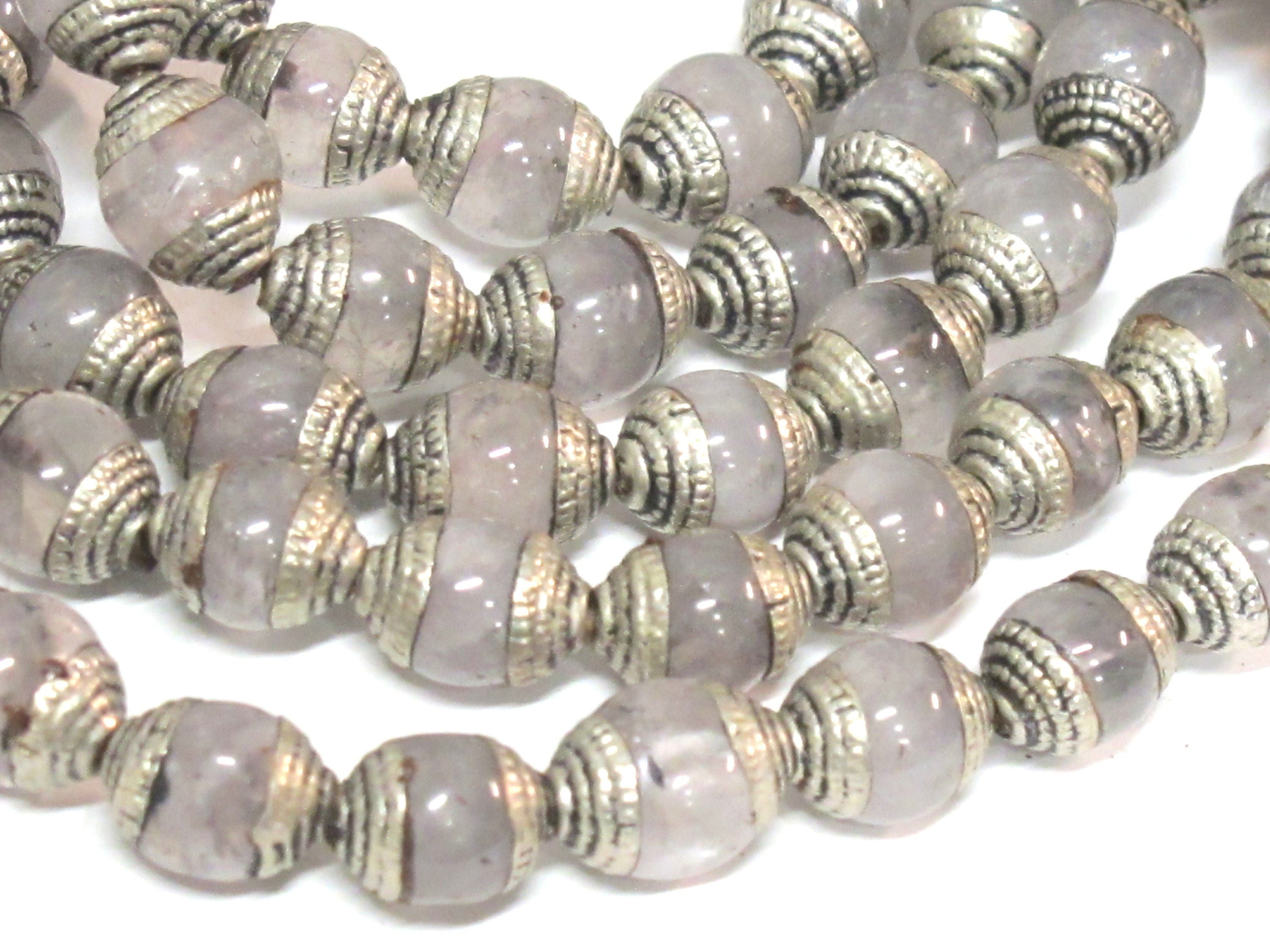 10 Beads - Tibetan antiqued silver color capped quartz gemstone beads from Nepal 9 - 10 mm x 11-12 mm - BD974Ax