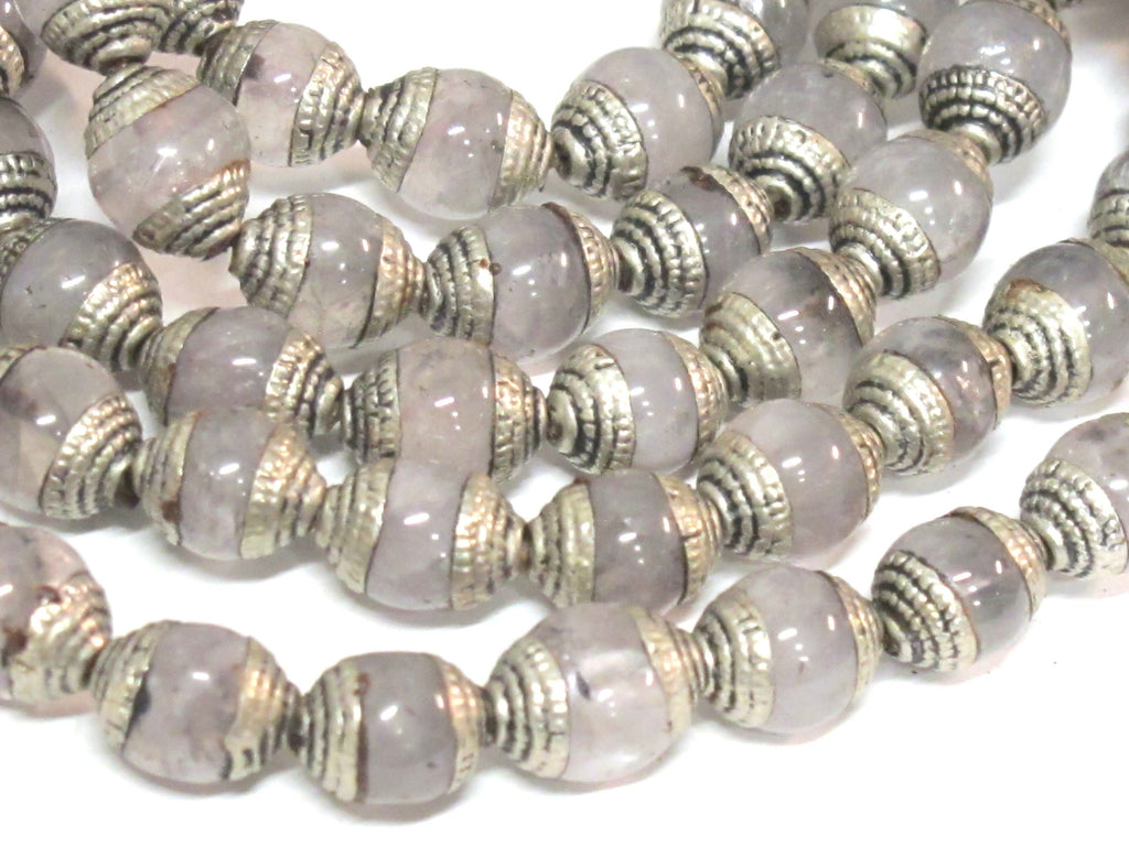 4 Beads - Tibetan antiqued silver color capped quartz gemstone beads from Nepal 9 - 10 mm x 11-12 mm - BD974Ax
