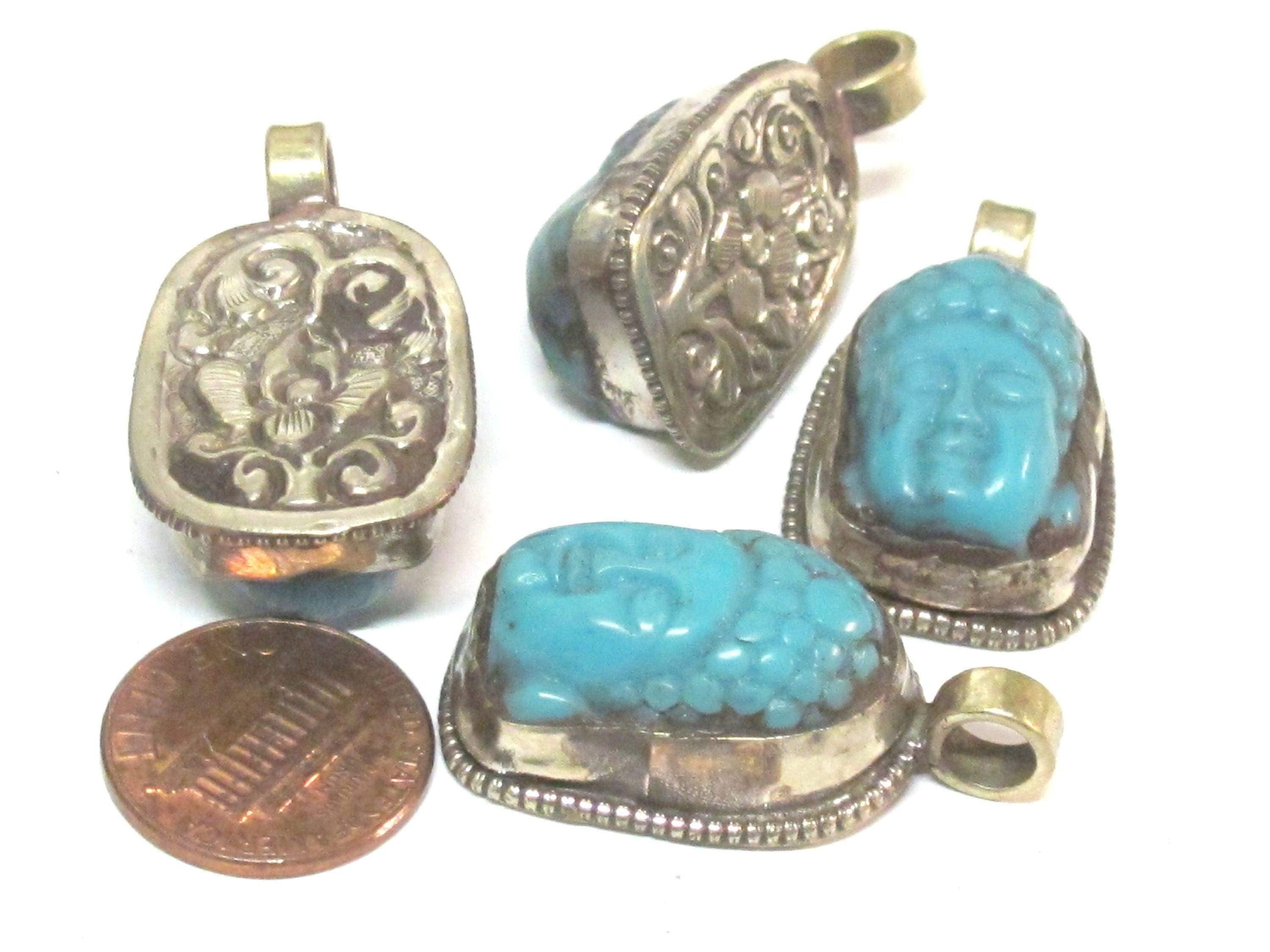 1 pendant -Tibetan Buddha pendant Small size Tibetan Nepal Buddha resin charm pendant with floral carving on other side-- PM590