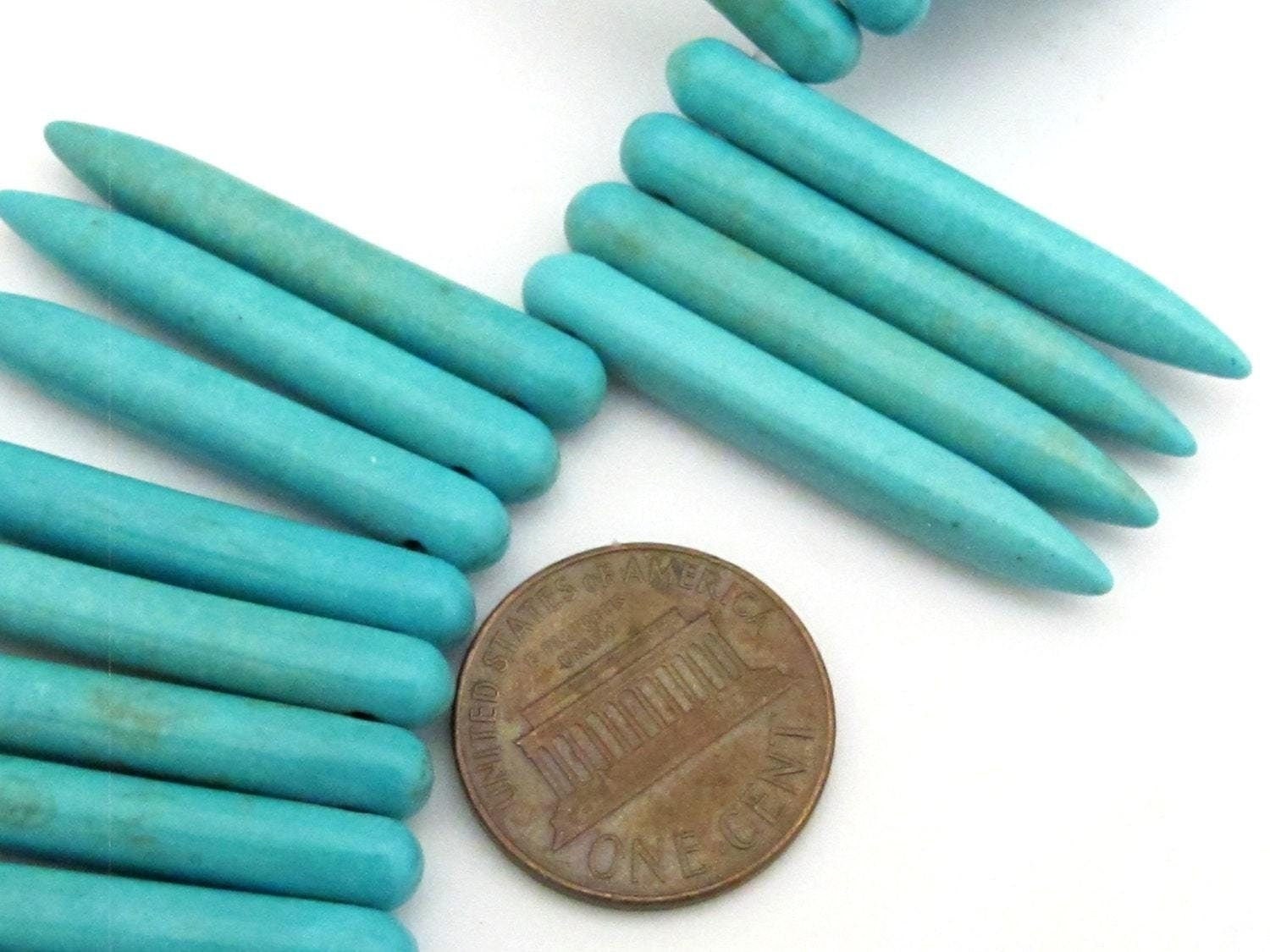 10 BEADS - Turquoise blue magnesite gemstone spike stick beads 35 mm x 5 mm - GM327