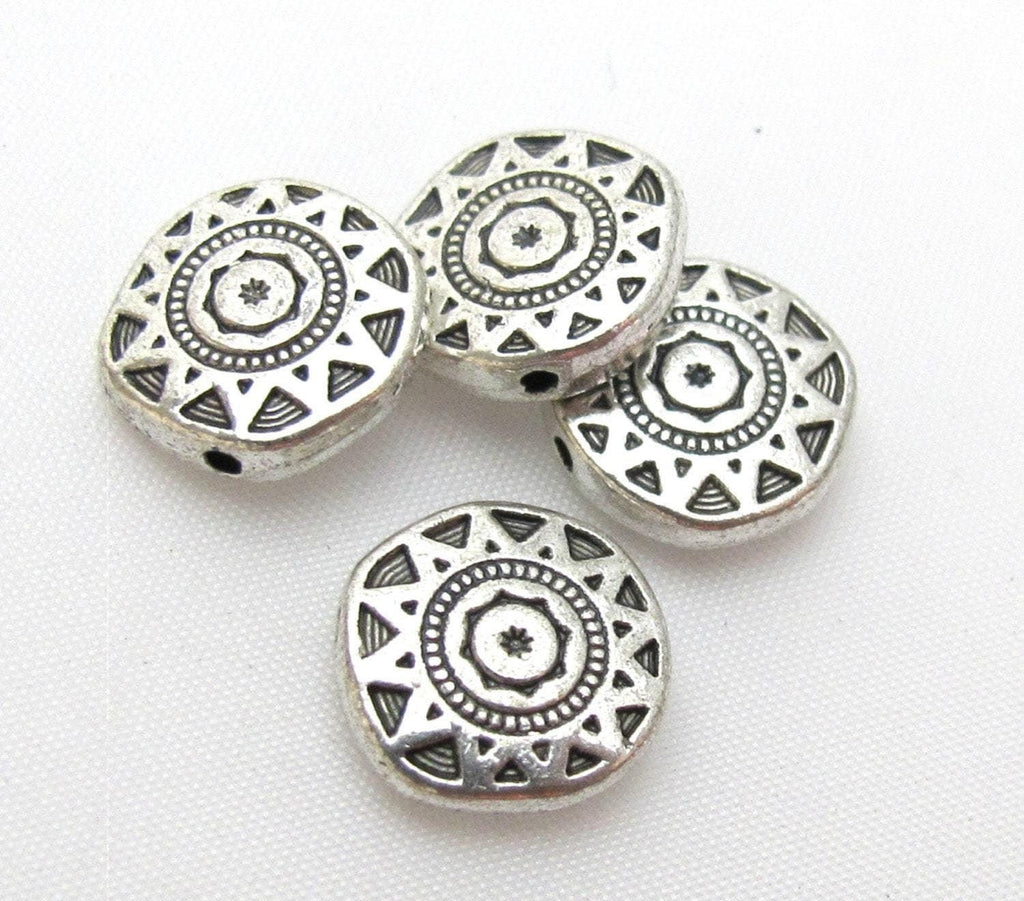 4 beads - Round disc shape silver color dual sided sun chakra design beads - BD413
