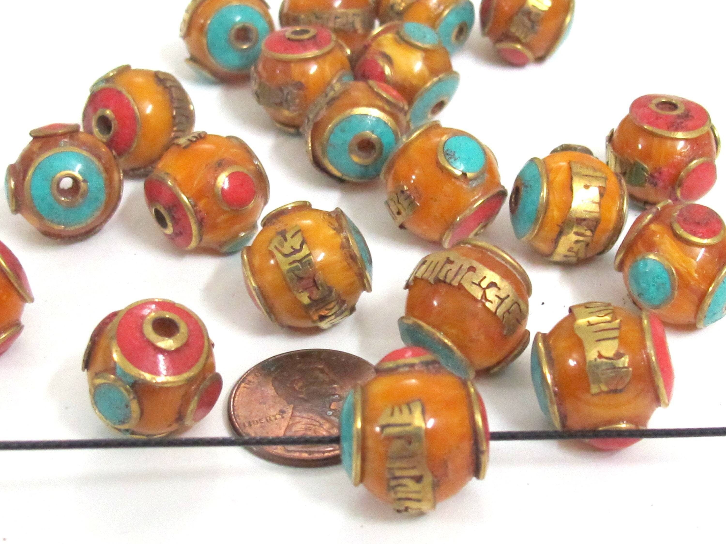 1 Bead - Tibetan copal resin Om mantra bead with brass , turquoise and inlay - BD632M