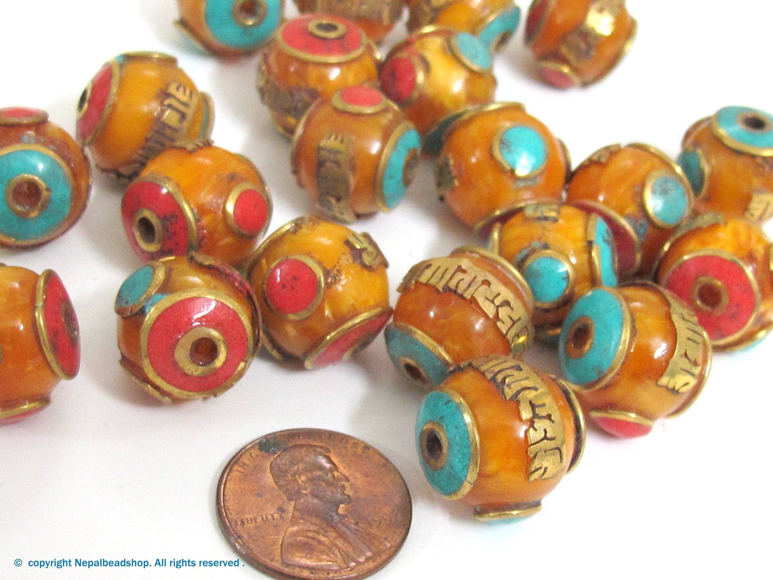 1 Bead - Tibetan copal resin Om mantra bead with brass , turquoise and inlay - BD632M