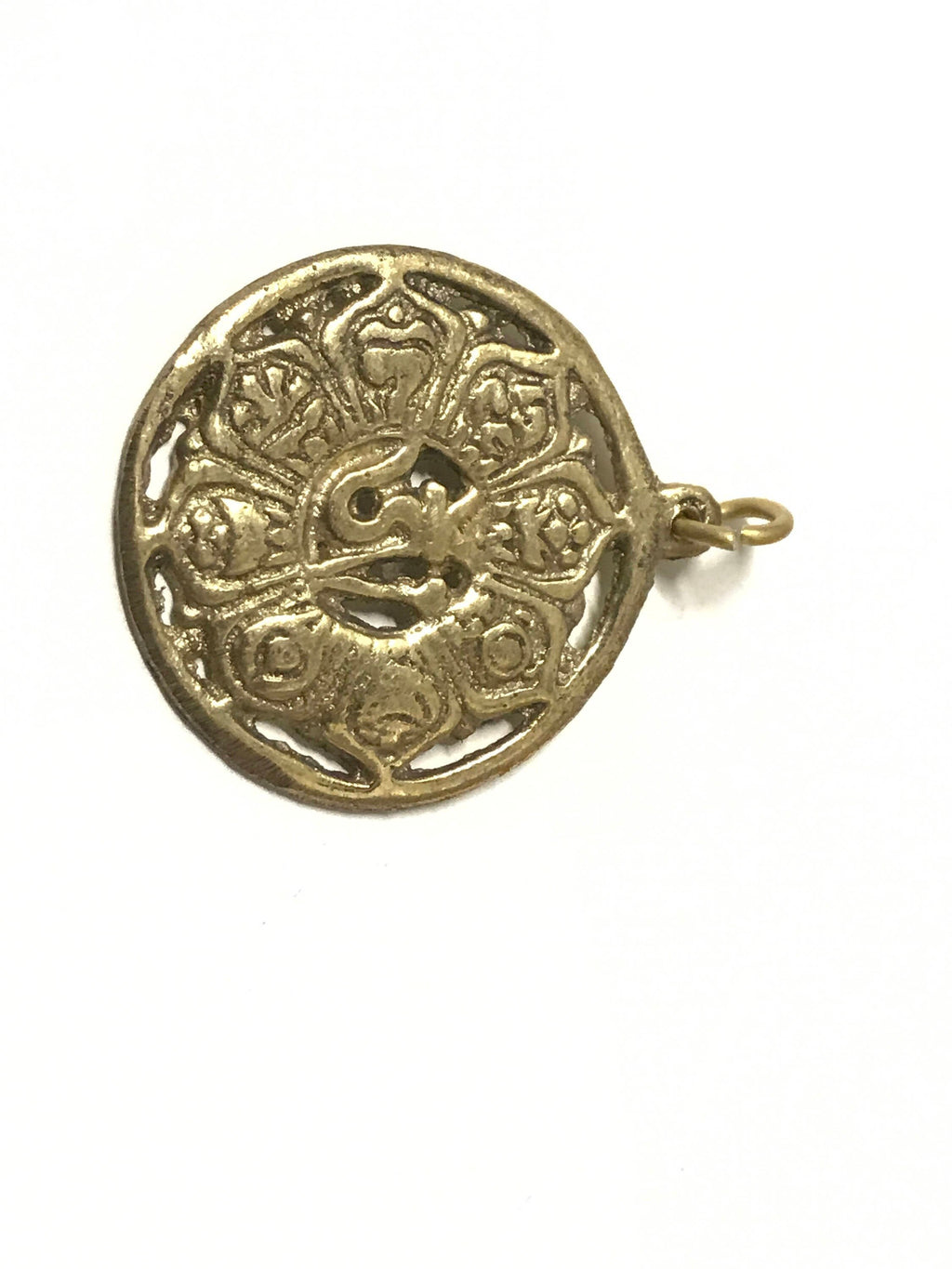 Medium Tibetan brass lotus flower ashtamangala auspicious symbols Om pendant - CP126