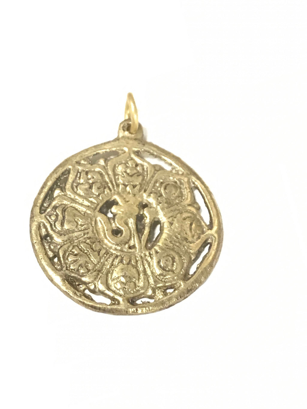 Medium Tibetan brass lotus flower ashtamangala auspicious symbols Om pendant - CP126