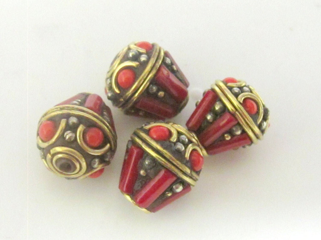 Tibetan brass teardrop shape beads with coral inlay - 2 beads - BD441