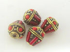 Tibetan brass teardrop shape beads with coral inlay - 2 beads - BD441