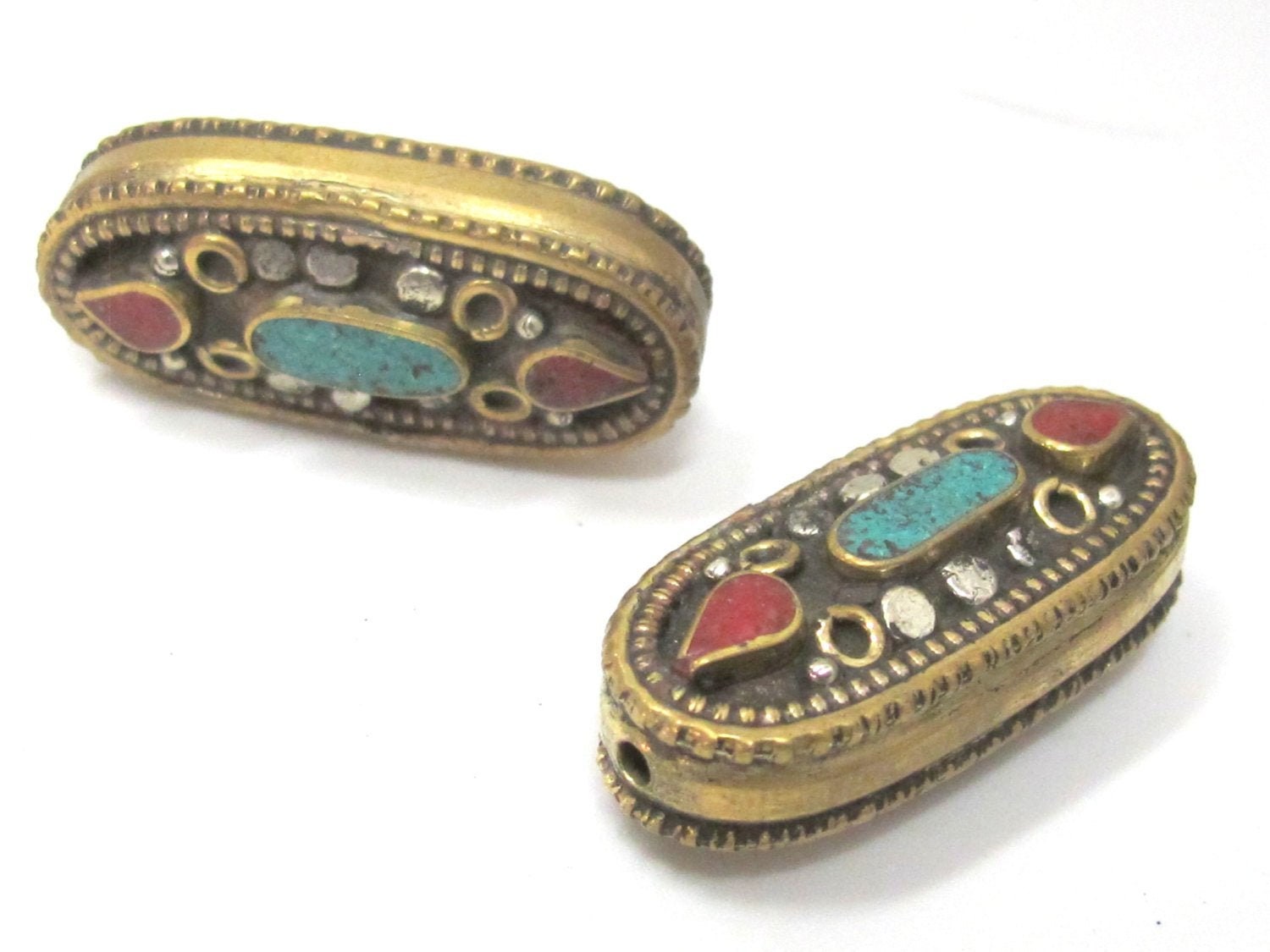 1 Bead - Beautiful large Tibetan brass bead with turquoise inlay unique design - BD929
