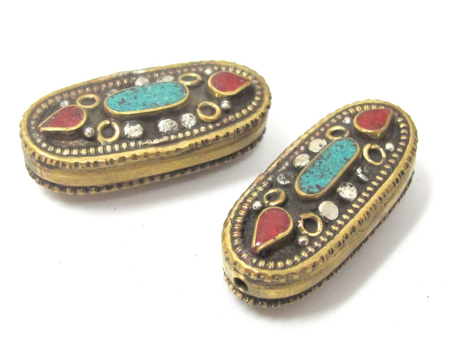 1 Bead - Beautiful large Tibetan brass bead with turquoise inlay unique design - BD929