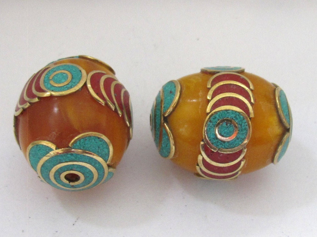 Large Tibetan copal Resin pendant bead with brass , turquoise and coral inlay - 1 bead - BD598A