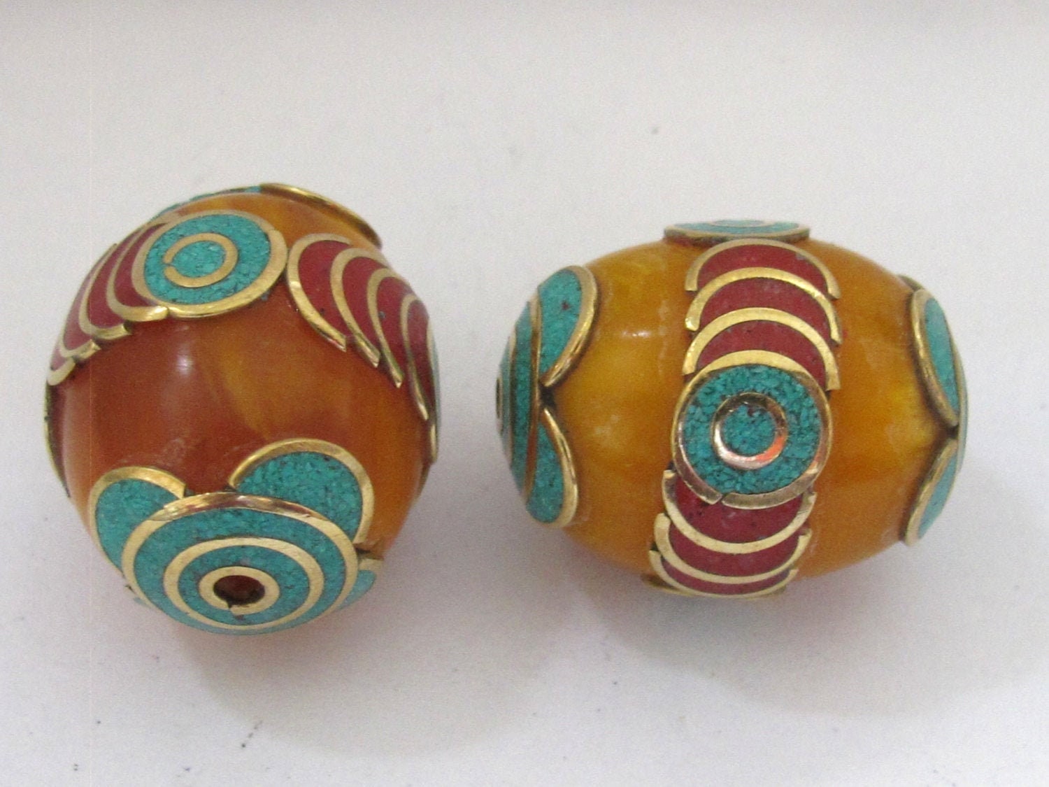 Large Tibetan copal Resin pendant bead with brass , turquoise and coral inlay - 1 bead - BD598A