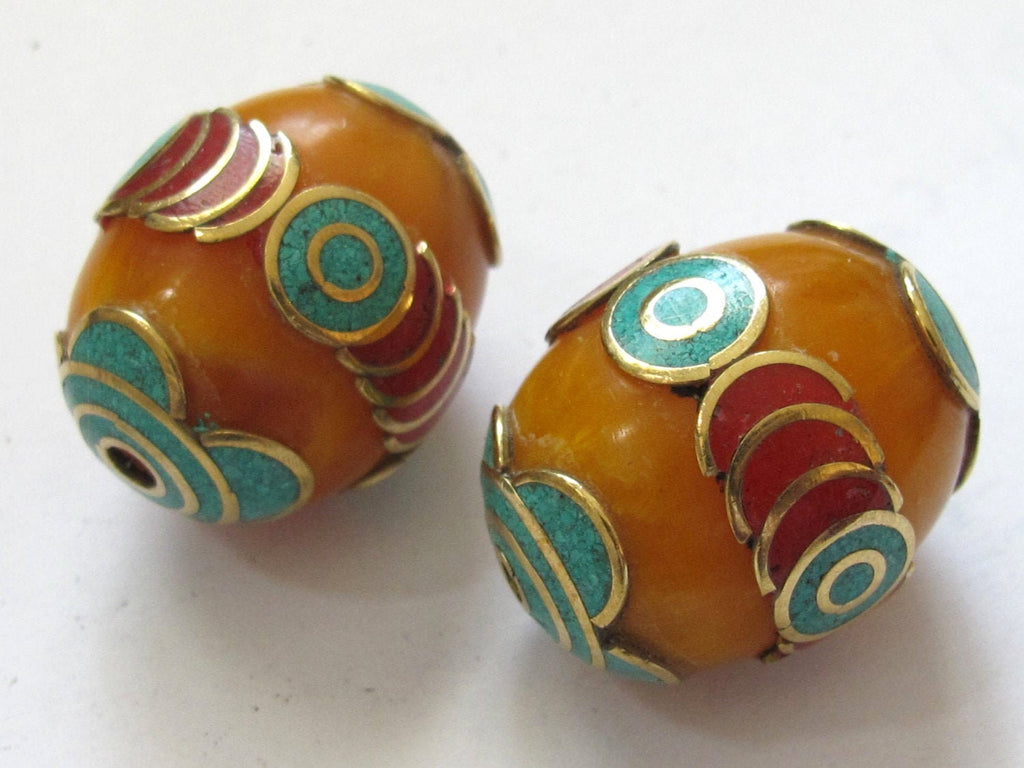 Large Tibetan copal Resin pendant bead with brass , turquoise and coral inlay - 1 bead - BD598A