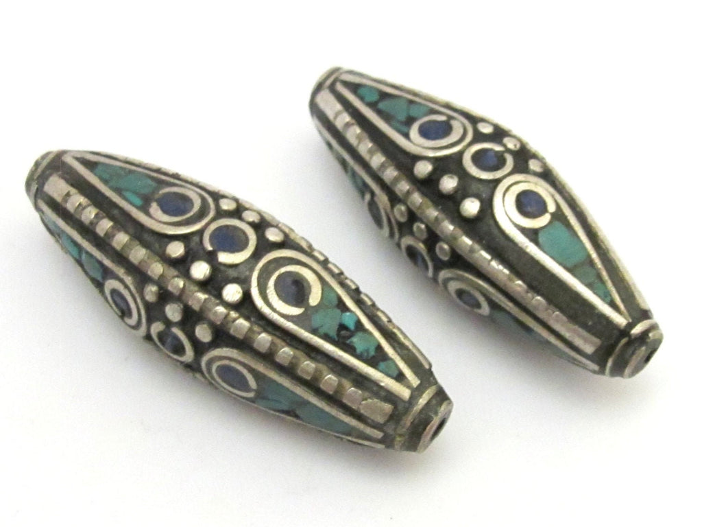 Tibetan Beads - nepalese beads -tibetan craft -1 BEAD - Large size Bicone shape nepalese brass beads with turquoise and lapis inlay - BD631