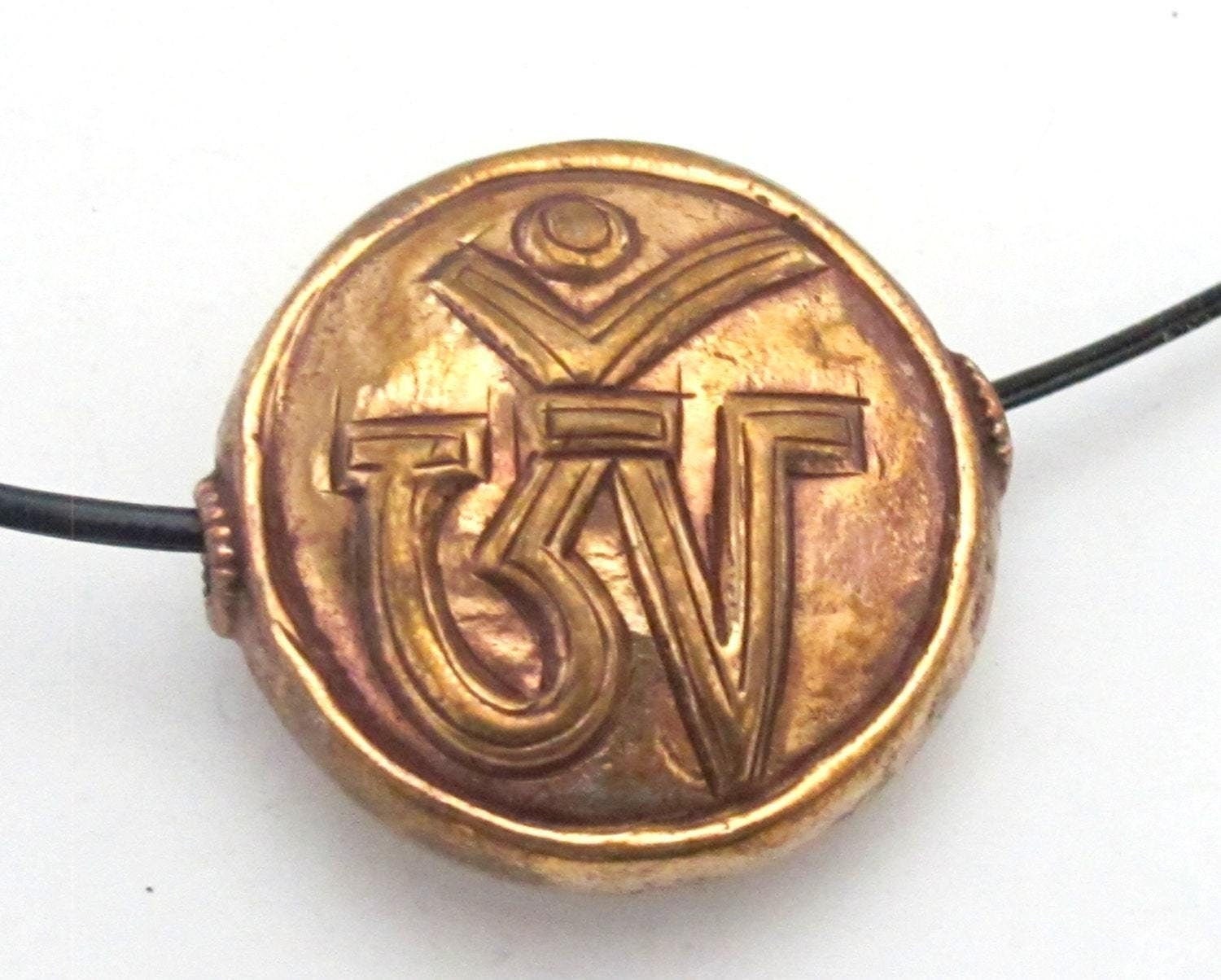 1 Bead - 35 mm large size copper finish Tibetan OM inscribed solid brass beads - BD493