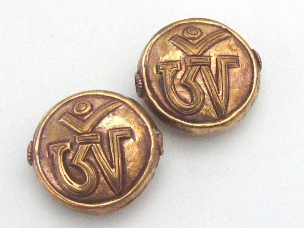 1 Bead - 35 mm large size copper finish Tibetan OM inscribed solid brass beads - BD493