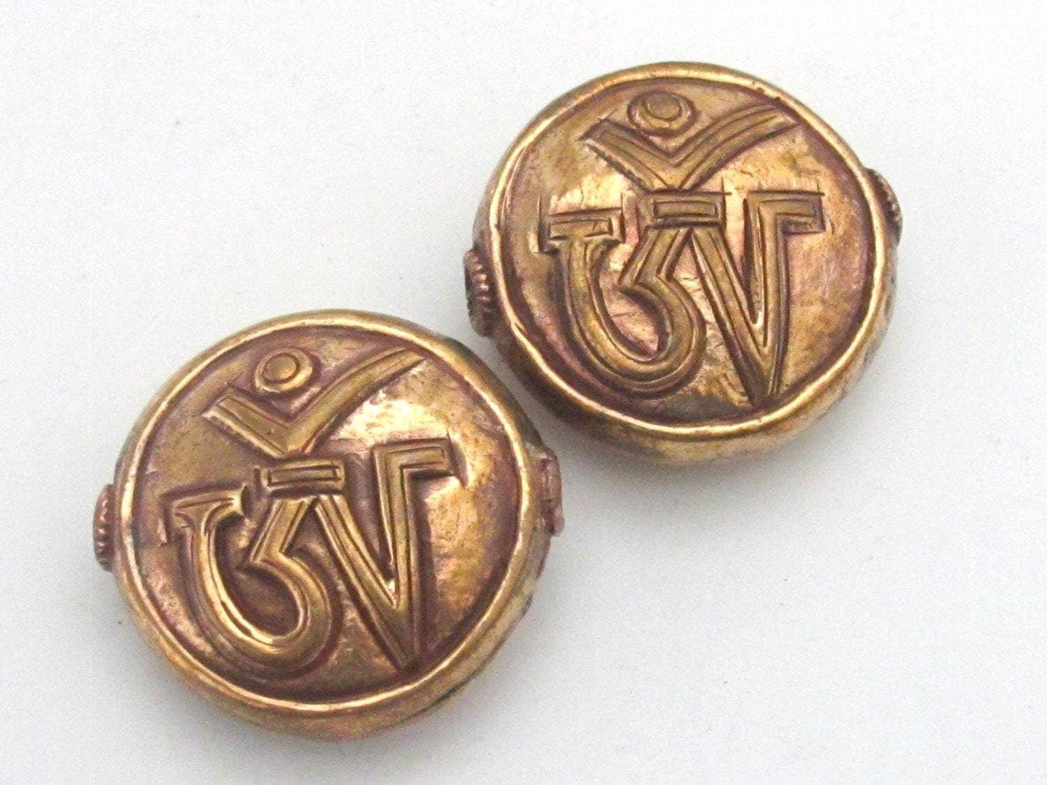 1 Bead - 35 mm large size copper finish Tibetan OM inscribed solid brass beads - BD493