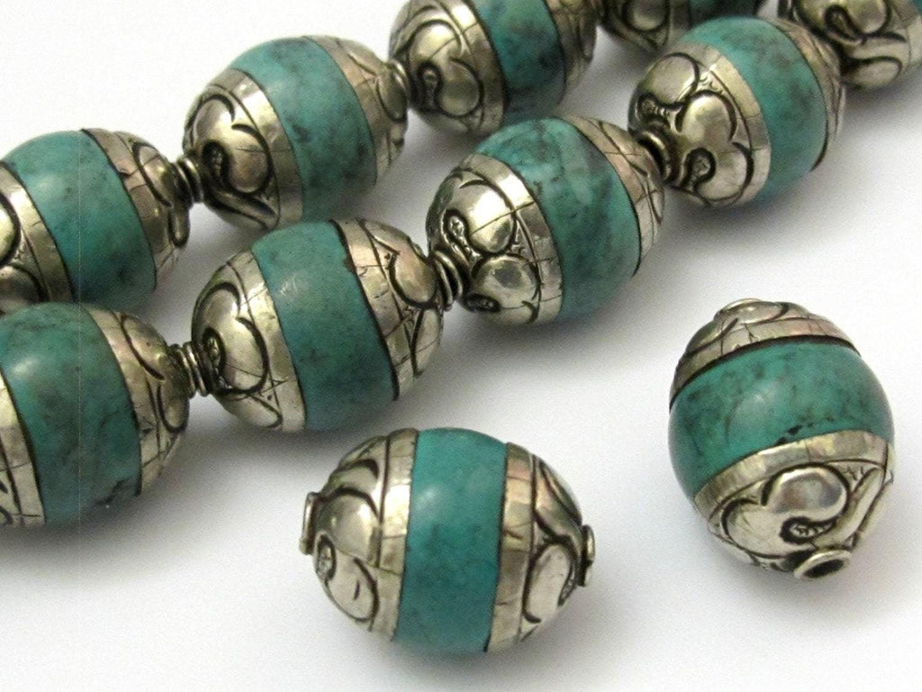2 BEADS - 20 mm x 15 mm size Thick Capped Tibetan turquoise gemstone beads from Nepal - BD616
