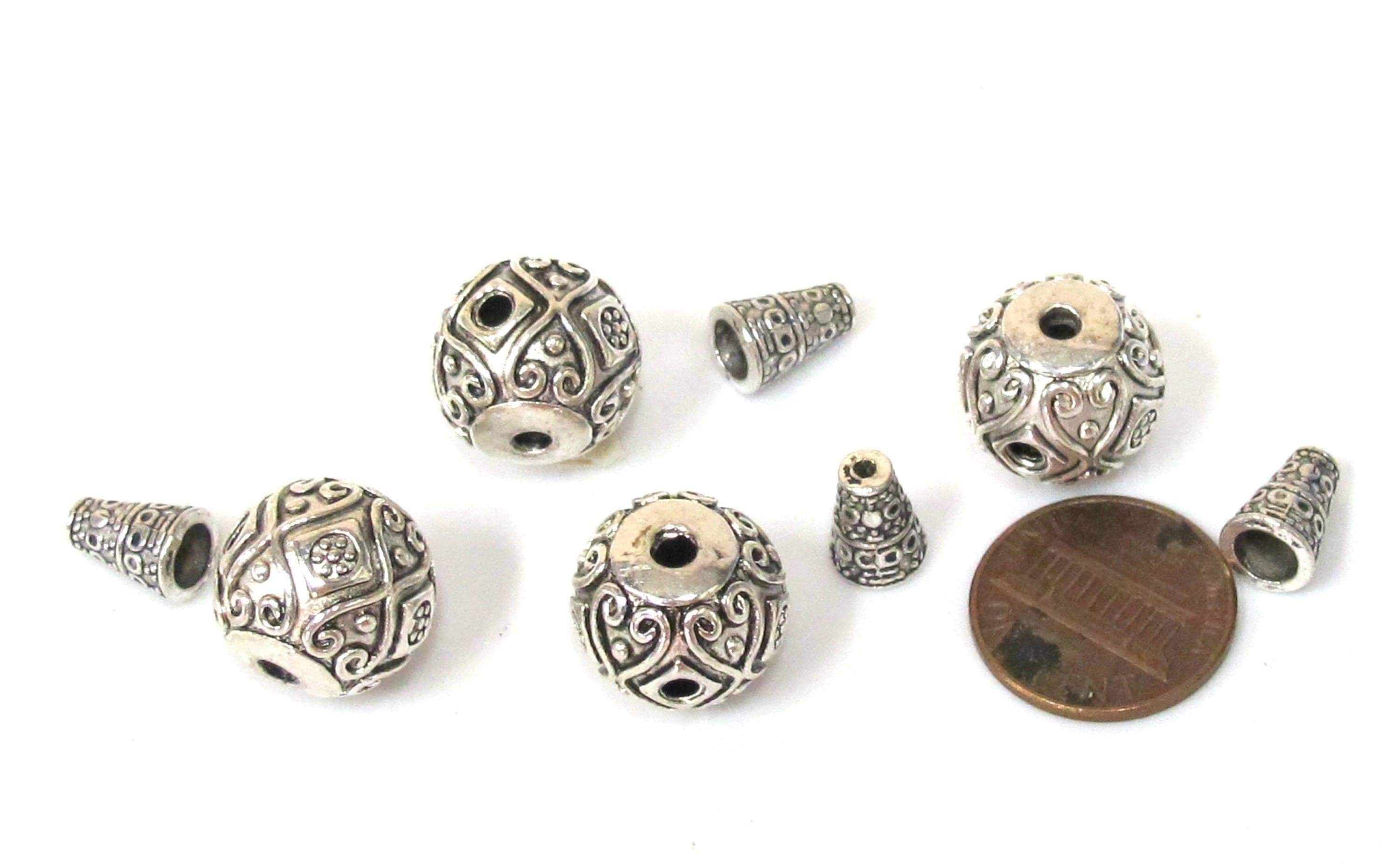 1 Guru bead set - Large size 14 mm x 15 mm Tibetan silver 3 hole Guru Bead with column bead dotted floral heart design - GB059