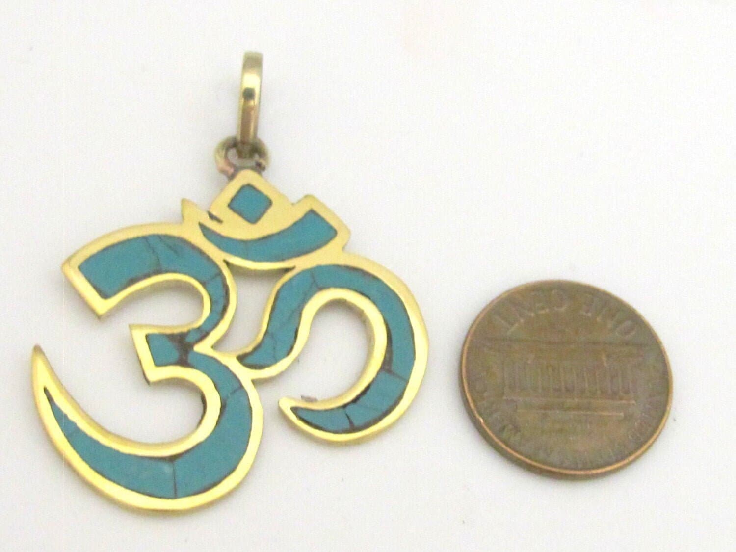 1 Pendant - Large Tibetan brass Om pendant with turquoise inlay - PM344