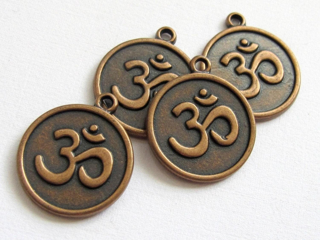 8 pieces - Rustic copper tone yoga meditation om metal disc charms beads - BD588