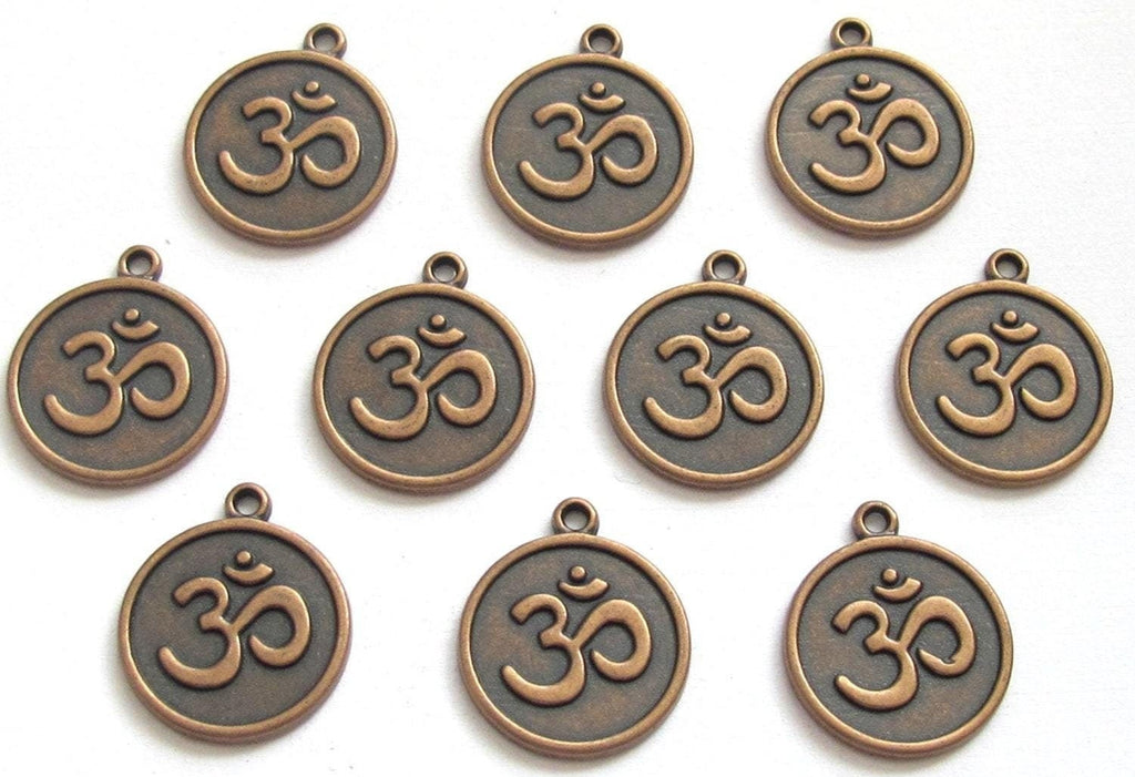 8 pieces - Rustic copper tone yoga meditation om metal disc charms beads - BD588