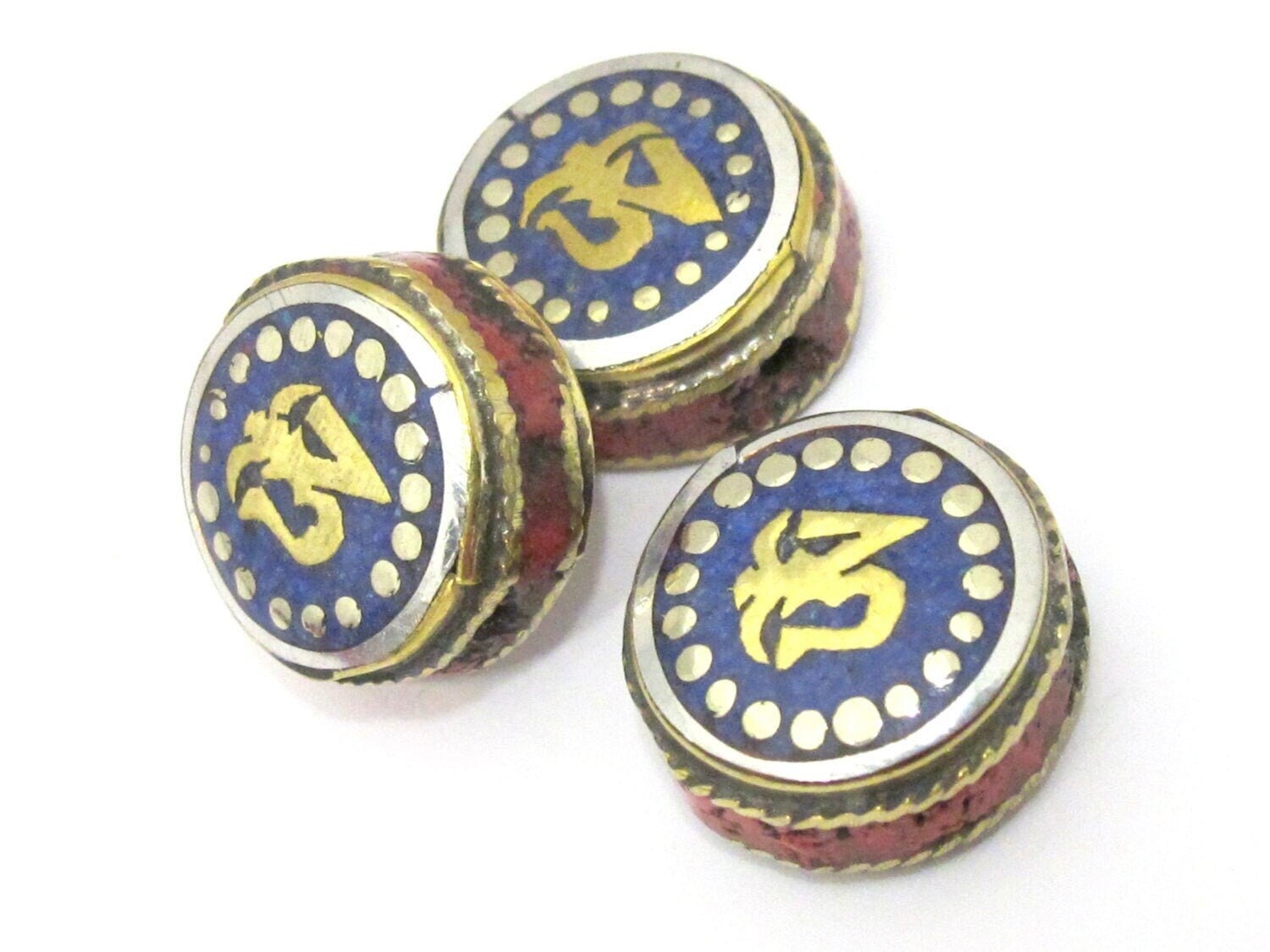 2 BEADS - Tibetan Om inscribed reversible bead with lapis inlay from Nepal- BD840s
