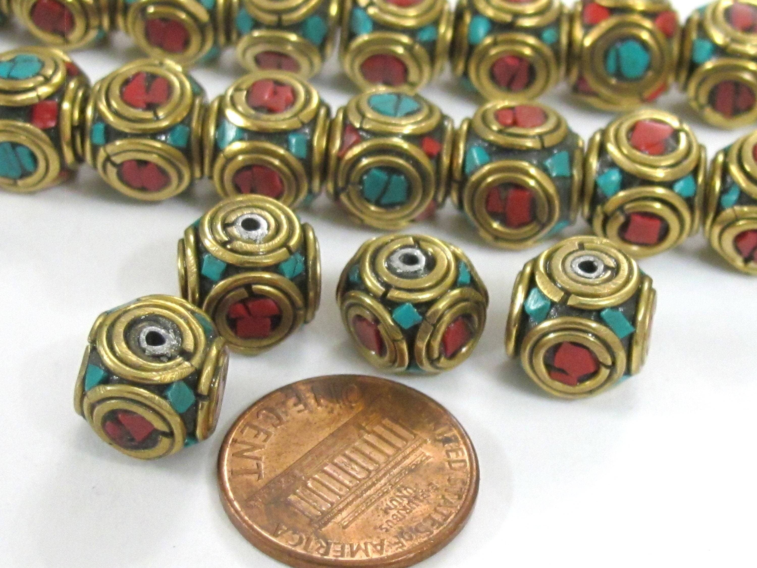 2 Beads Ethnic nepal beads Tibetan beads Nepalese Brass cube shape beads with turquoise inlaid circles - BD992