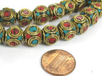 2 Beads Ethnic nepal beads Tibetan beads Nepalese Brass cube shape beads with turquoise inlaid circles - BD992
