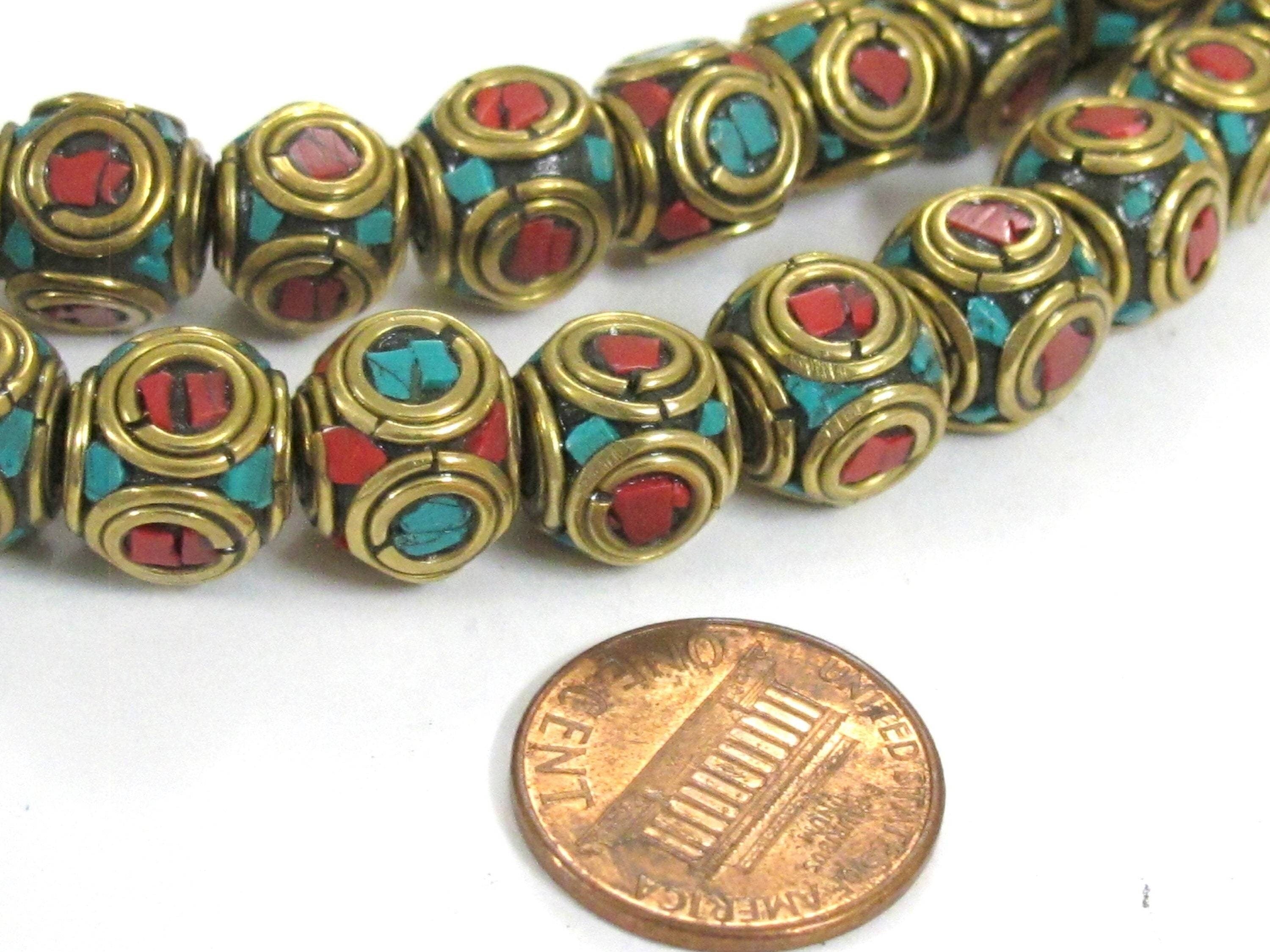 2 Beads Ethnic nepal beads Tibetan beads Nepalese Brass cube shape beads with turquoise inlaid circles - BD992