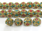 2 Beads Ethnic nepal beads Tibetan beads Nepalese Brass cube shape beads with turquoise inlaid circles - BD992
