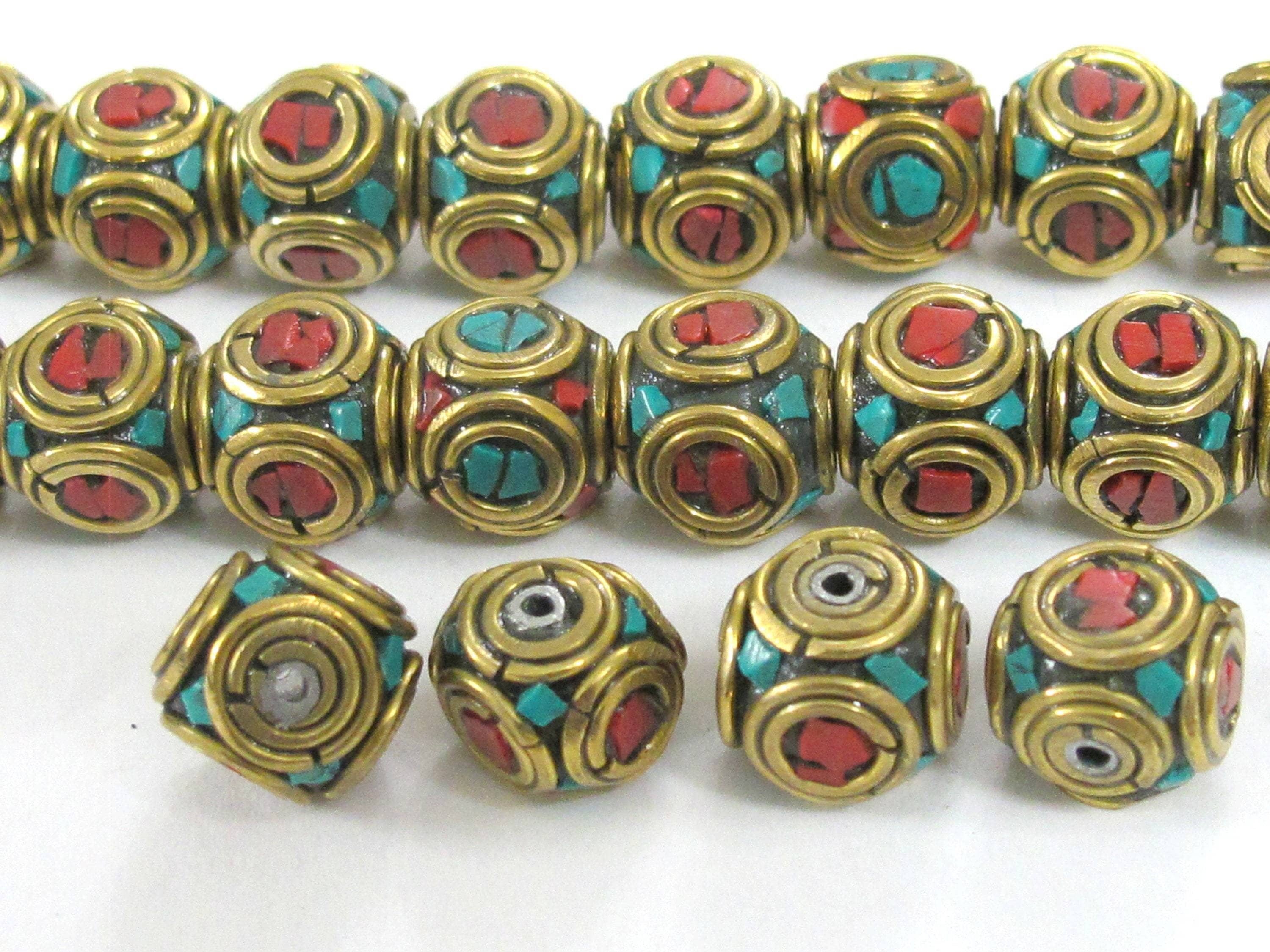 2 Beads Ethnic nepal beads Tibetan beads Nepalese Brass cube shape beads with turquoise inlaid circles - BD992