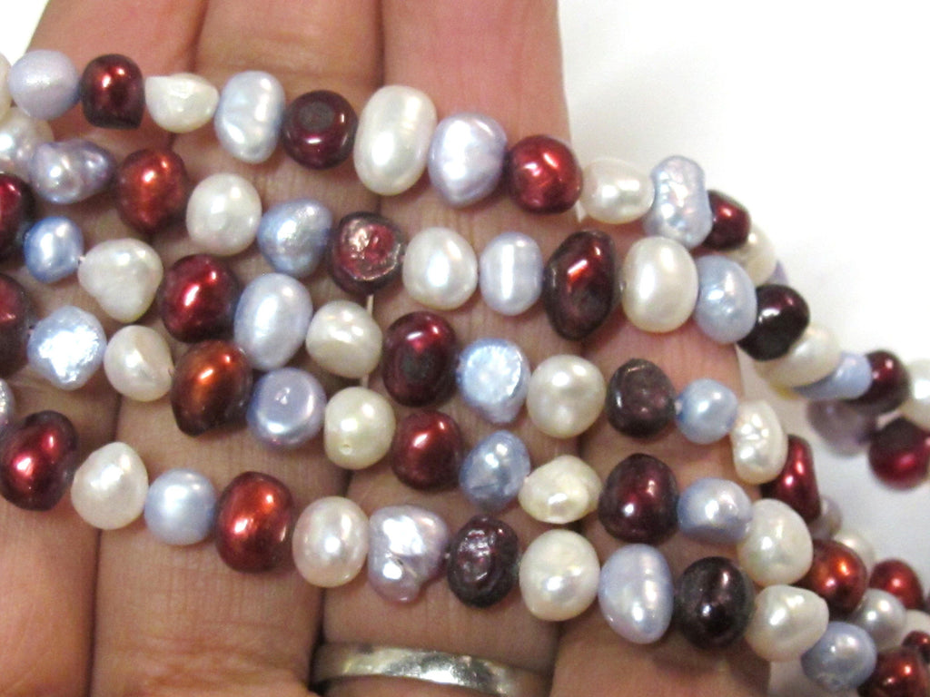 1 Full Strand - White maroon greyish blue color genuine freshwater cultured pearl beads 15 inches - PL005C