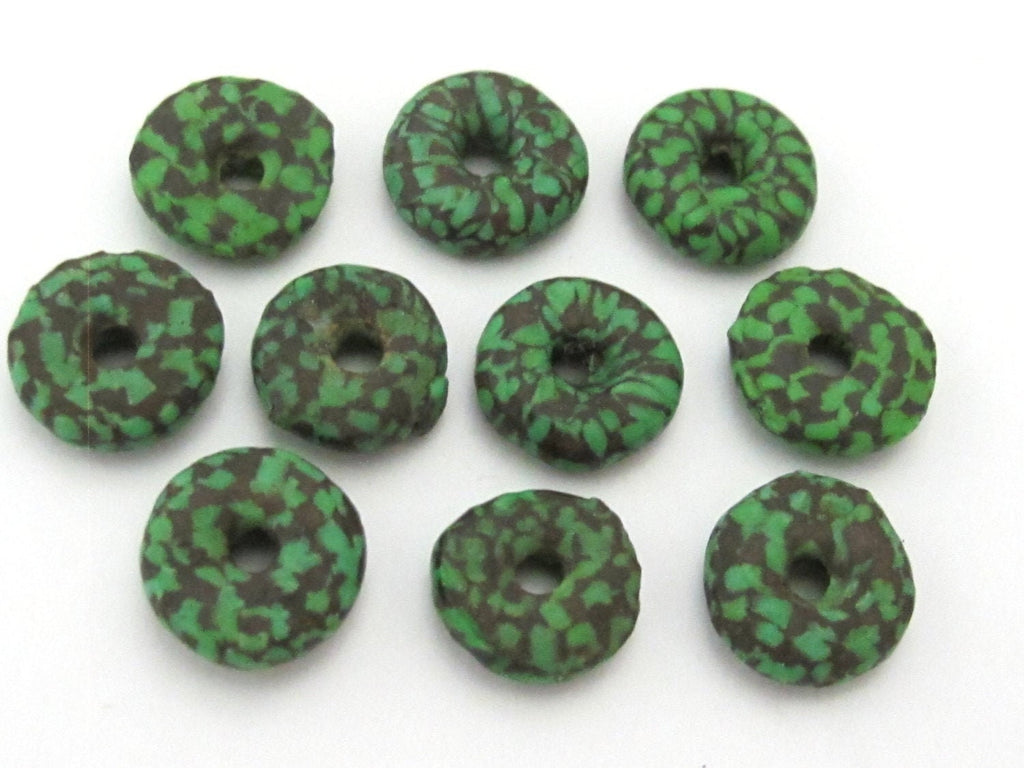 10 BEADS - Camouflage Jungle Green African recycled glass donut shape disc beads - AB021