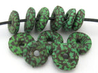 10 BEADS - Camouflage Jungle Green African recycled glass donut shape disc beads - AB021