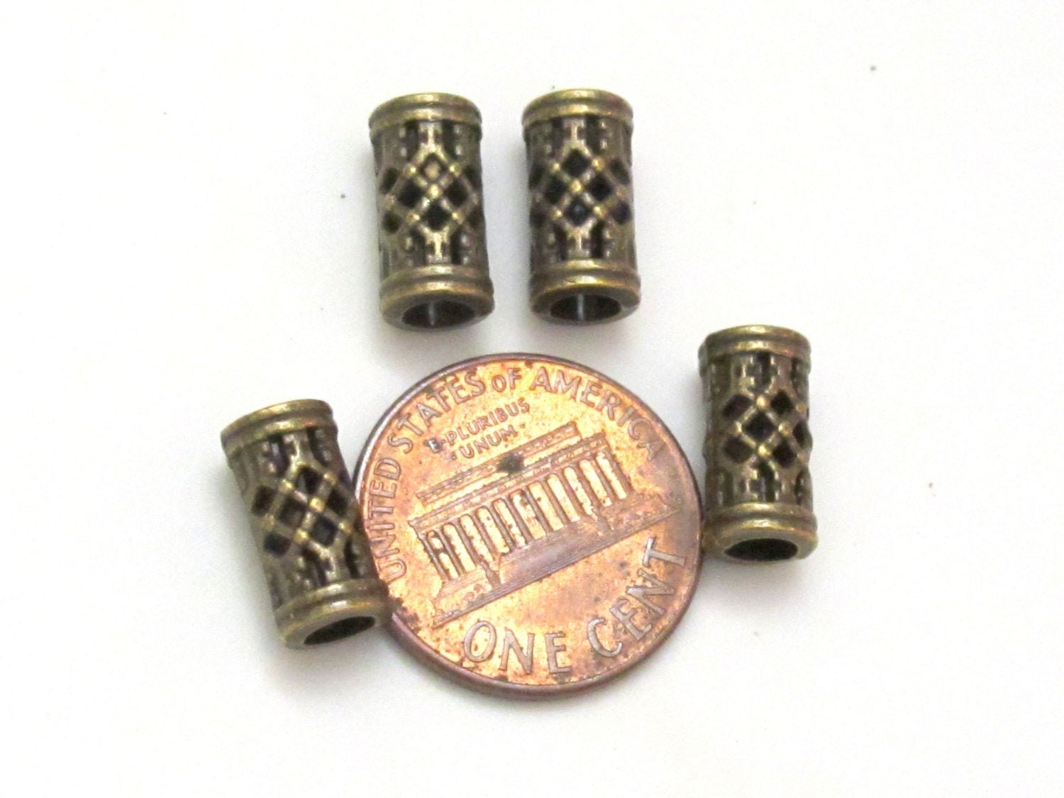 Brass tone metal tube weave design beads - 4 bead set - BD183B