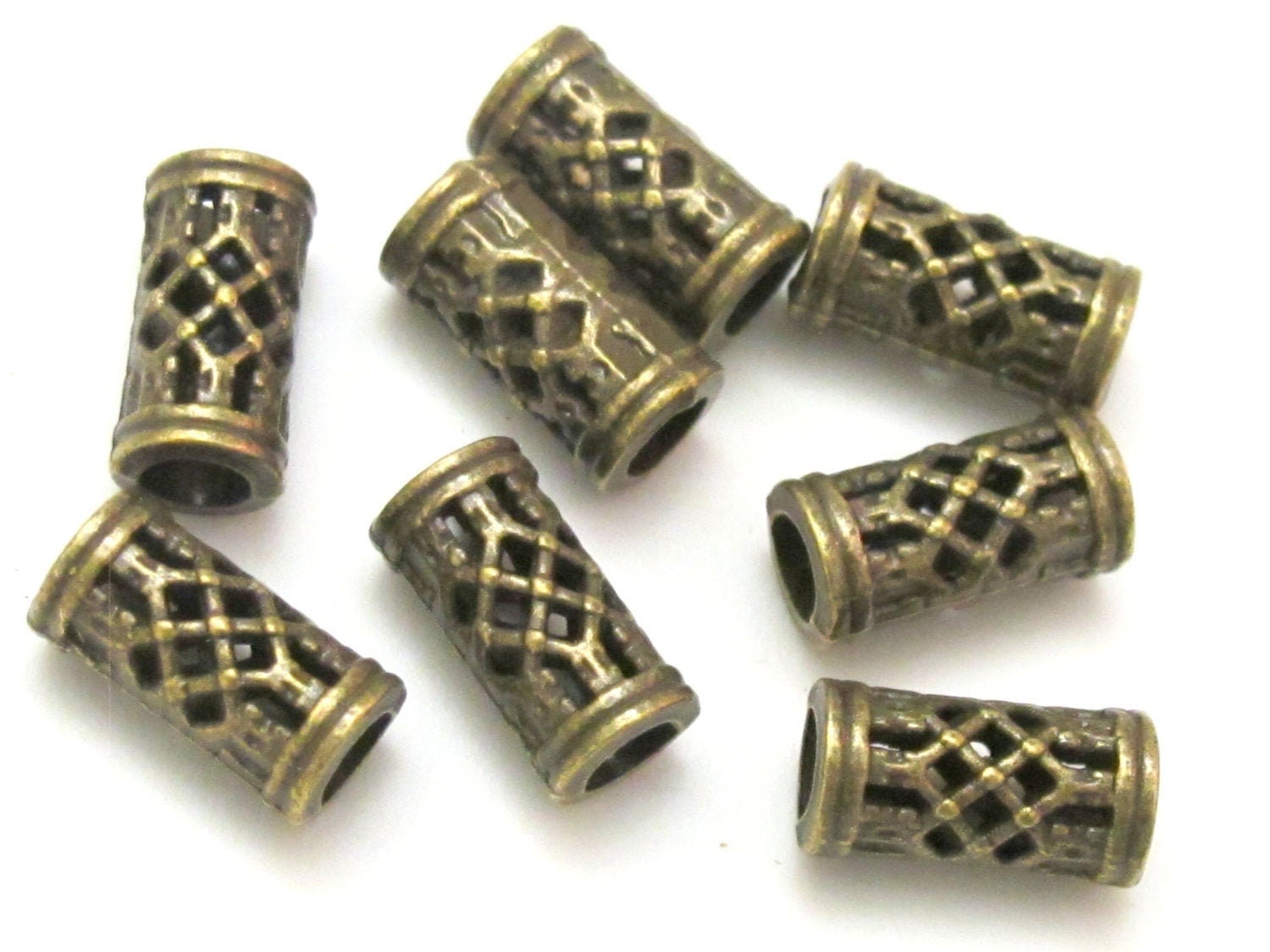 Brass tone metal tube weave design beads - 4 bead set - BD183B